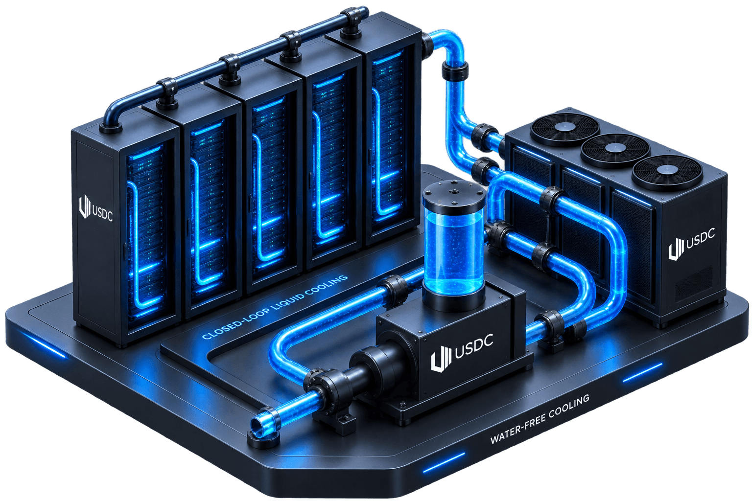 USDC Closed-Loop Liquid Cooling System — High-density compute racks with closed loop recirculating coolant and zero water consumption